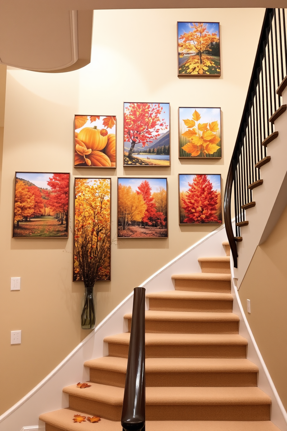 Seasonal artwork is elegantly arranged on the staircase wall, featuring vibrant autumn colors and nature-inspired themes. The artwork creates a warm and inviting atmosphere, enhancing the beauty of the staircase as it transitions through the fall season.