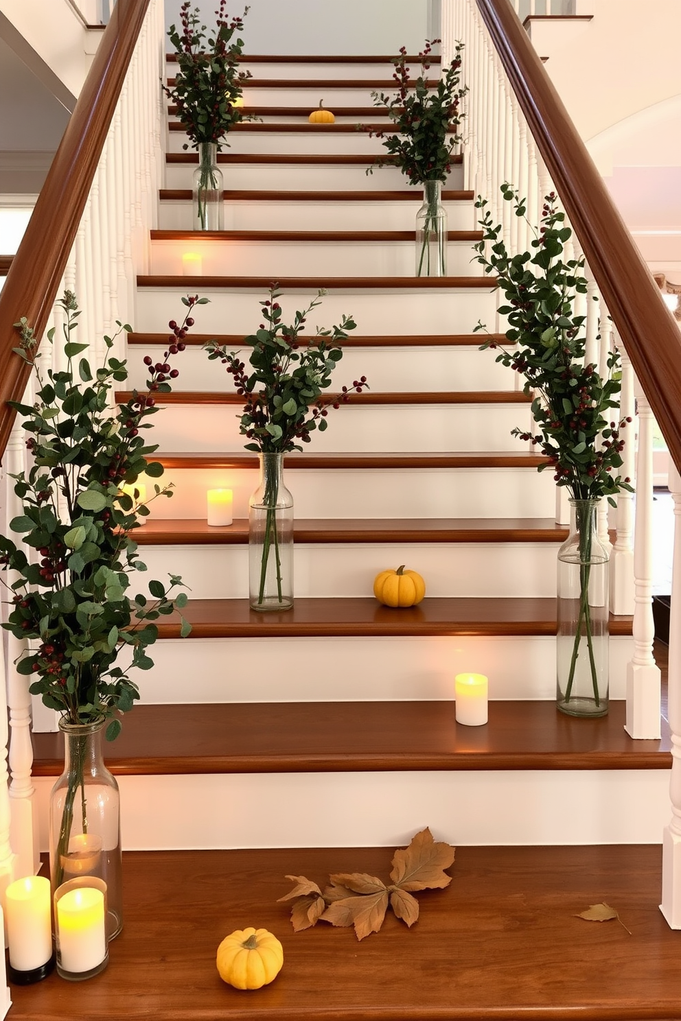 A stunning staircase adorned with vases filled with eucalyptus and berry sprigs. The vases are strategically placed on the steps, creating a warm and inviting atmosphere. The staircase is painted in a soft white hue, complemented by rich wooden handrails. Fall-themed decorations such as small pumpkins and candles are scattered along the steps for added charm.