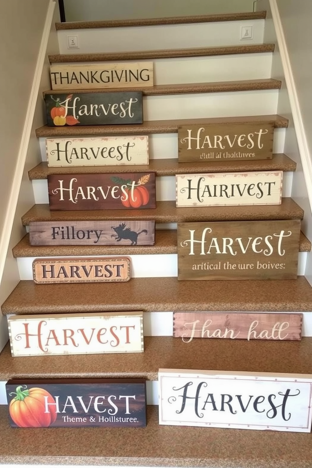 Harvest themed signs are artistically arranged on the steps leading up the staircase. Each sign features warm autumn colors and rustic textures, enhancing the cozy feel of the fall season.