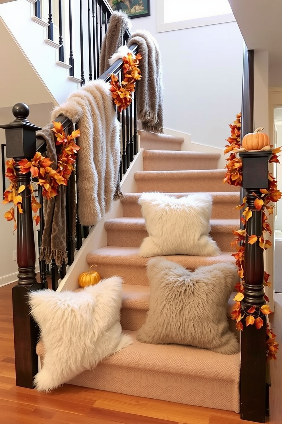 A cozy staircase adorned with faux fur accents that add warmth and style to the space. Soft faux fur throws drape elegantly over the banister while plush faux fur pillows are placed on the steps, creating an inviting atmosphere. Seasonal decorations enhance the staircase's charm during the fall. Rich autumn hues of orange and gold are incorporated through garlands of leaves and small pumpkins placed strategically along the staircase.