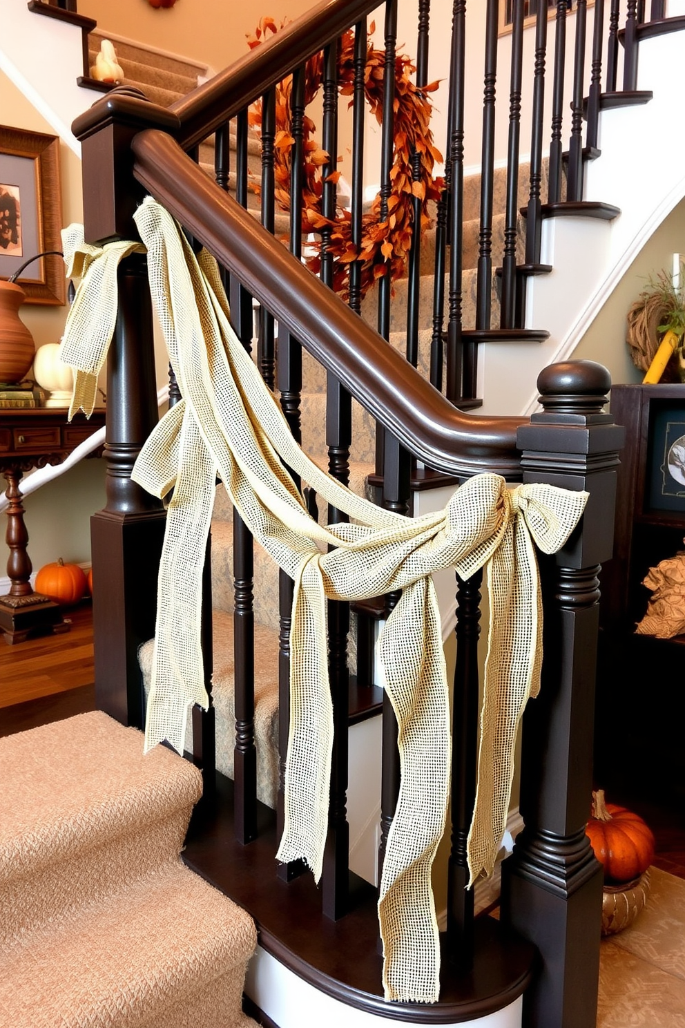 A charming fall staircase adorned with burlap ribbons elegantly tied around the banisters. The ribbons cascade down, complementing the warm autumn hues of the surrounding decor.