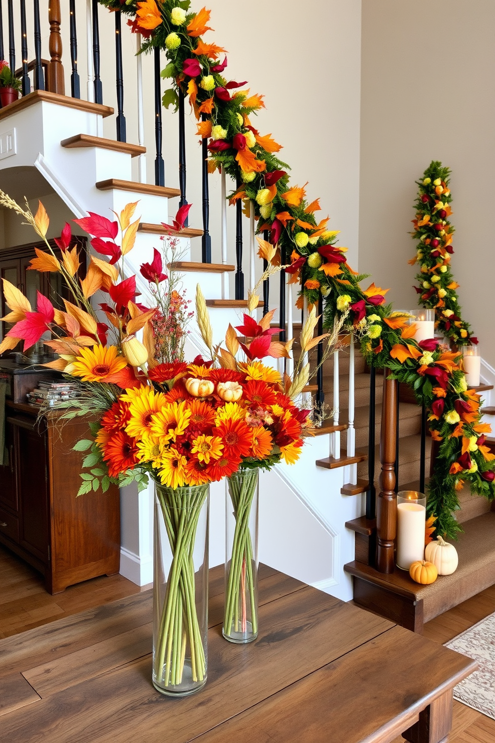 A vibrant display of colorful fall florals is arranged in tall glass vases, showcasing an array of warm hues like orange, red, and yellow. The vases are placed strategically on a rustic wooden table, enhancing the autumn ambiance of the space. The staircase is adorned with a beautiful garland of fall leaves, intertwining with twinkling fairy lights for a cozy touch. Along the staircase railing, small pumpkins and candles are artfully arranged to create an inviting seasonal atmosphere.