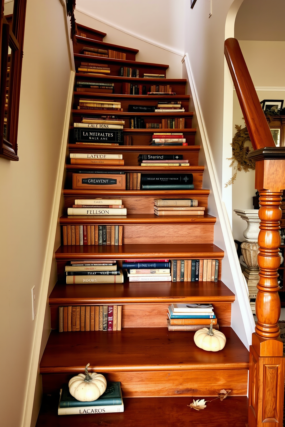 A charming staircase adorned with vintage books stacked neatly on each tread. The warm wooden steps create a cozy atmosphere, complemented by soft autumnal decor like small pumpkins and dried leaves.