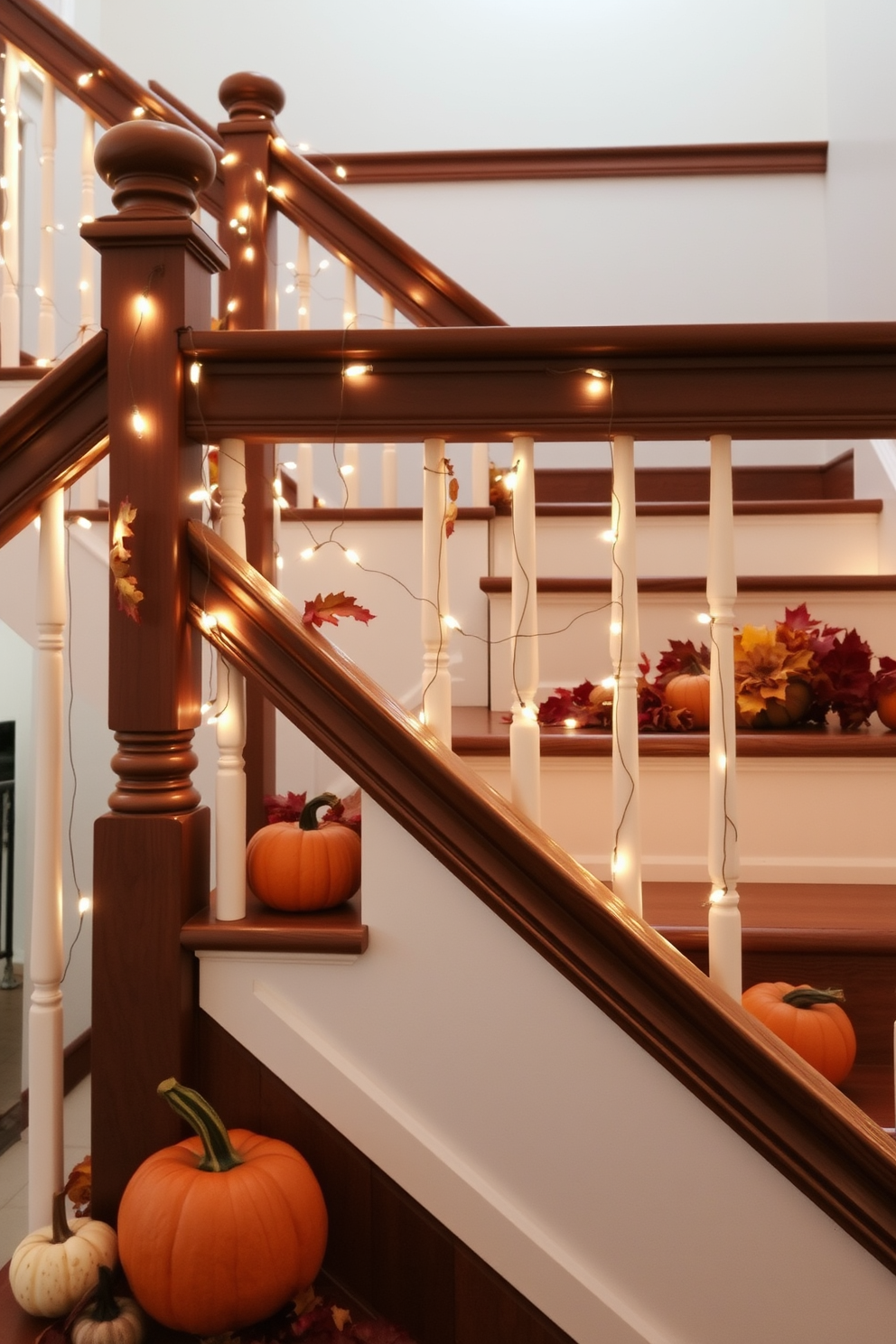 A cozy fall staircase adorned with twinkling string lights draped elegantly along the wooden railing. The staircase features rich autumn colors with pumpkins and seasonal foliage placed strategically on each step.