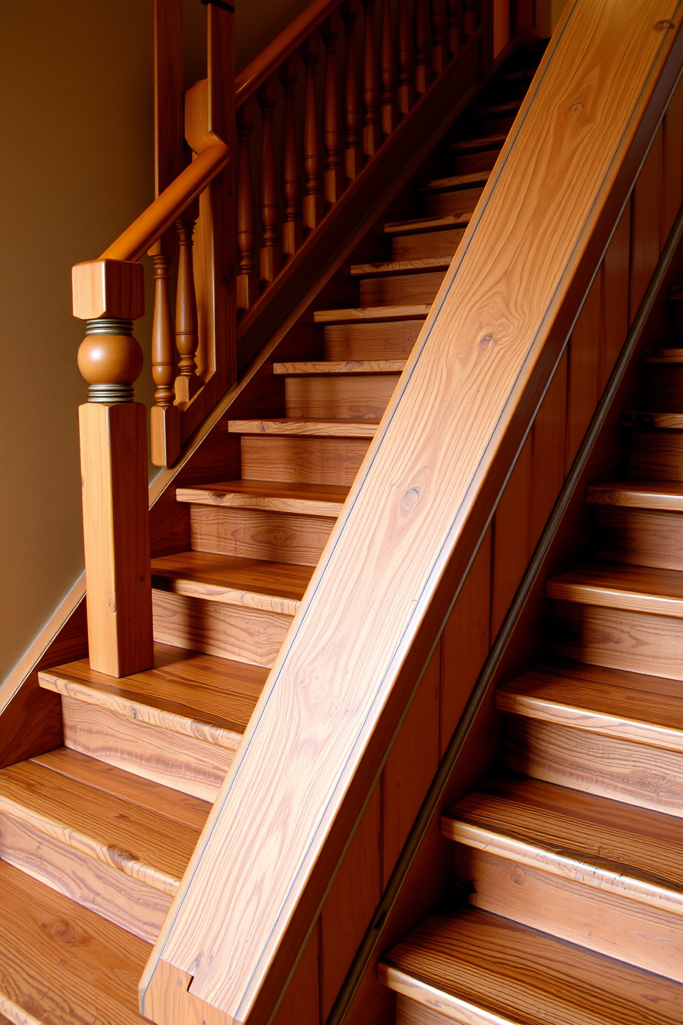 A rustic staircase adorned with natural wood accents creates an inviting atmosphere. The steps are crafted from reclaimed wood, showcasing their unique grain and texture. The railing features intricately carved wooden balusters that add character and warmth. Soft, warm lighting illuminates the staircase, enhancing the natural beauty of the wood.