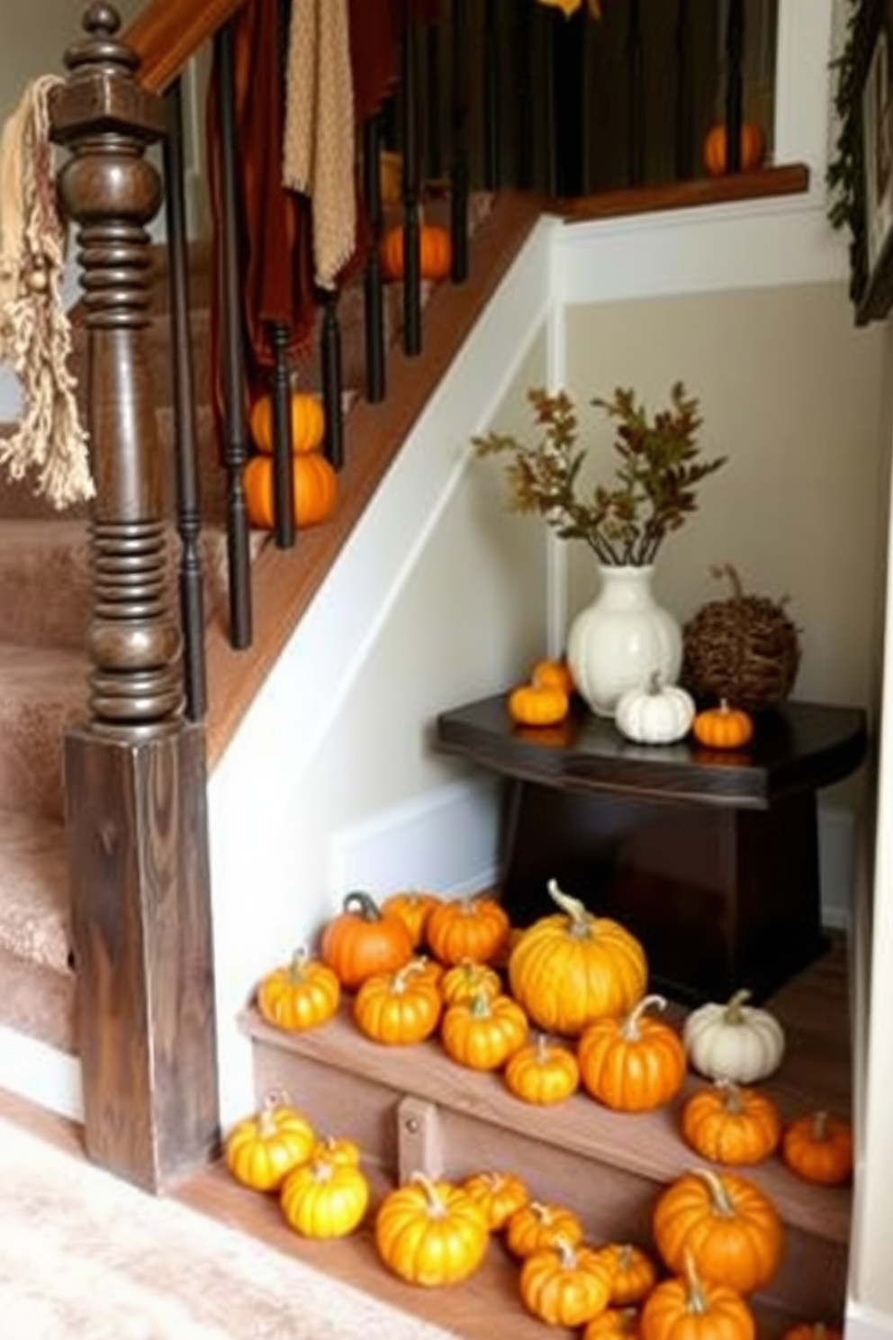 Mini pumpkins are artfully scattered along the staircase steps, creating a warm and inviting autumn atmosphere. The staircase is adorned with rich, earthy tones and soft, textured fabrics that complement the seasonal decor.