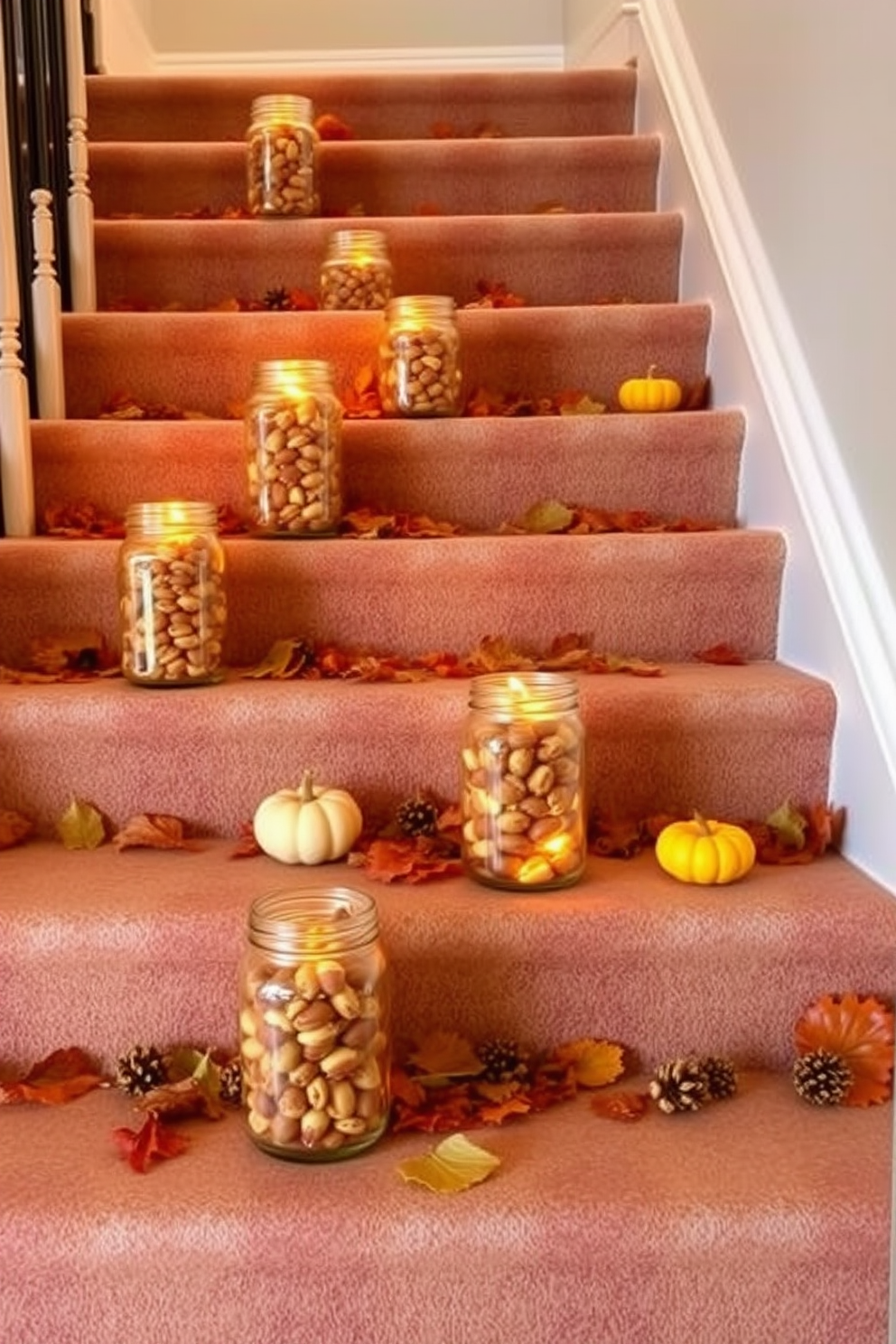 A fall staircase adorned with glass jars filled with acorns and nuts creates a warm and inviting atmosphere. The jars are strategically placed on the steps, accompanied by scattered leaves and small pumpkins for a seasonal touch.