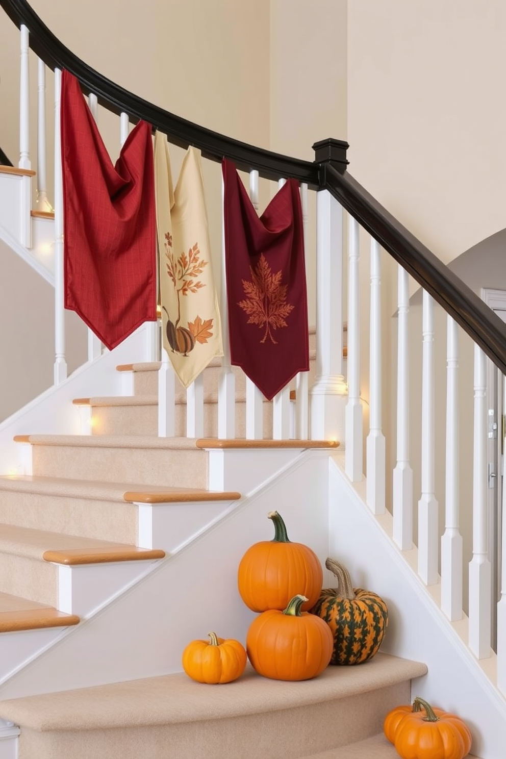 Seasonal fabric banners in warm autumn colors hang gracefully from the railing of a grand staircase. The staircase is adorned with pumpkins and gourds placed on the steps, complemented by soft fairy lights twinkling in the background.