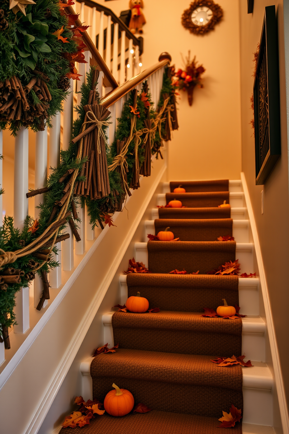 A cozy staircase adorned with cinnamon sticks tied with twine creates a warm autumn atmosphere. The twine adds a rustic touch, perfectly complementing the rich fall colors of the surrounding decor. The staircase is lined with small pumpkins and autumn leaves, enhancing the seasonal charm. Soft lighting highlights the natural textures, inviting guests to enjoy the festive spirit as they ascend.