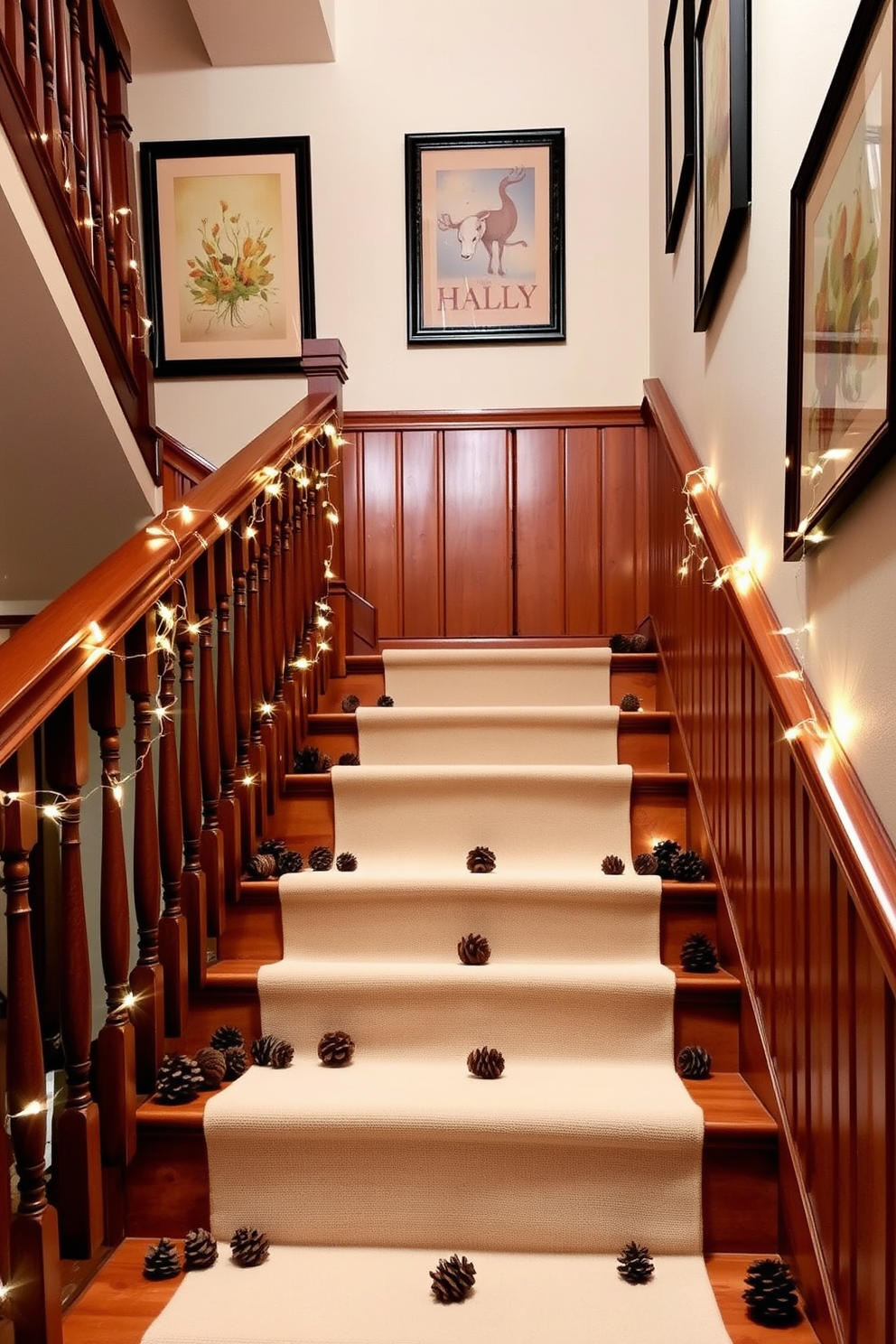 A warm and inviting staircase adorned with scattered pinecones creates a cozy autumn atmosphere. The steps are lined with a soft, neutral runner that complements the rich wooden banister. On the walls, framed seasonal artwork adds a personal touch while enhancing the fall theme. Twinkling fairy lights are draped along the railing, casting a soft glow that invites guests to ascend.