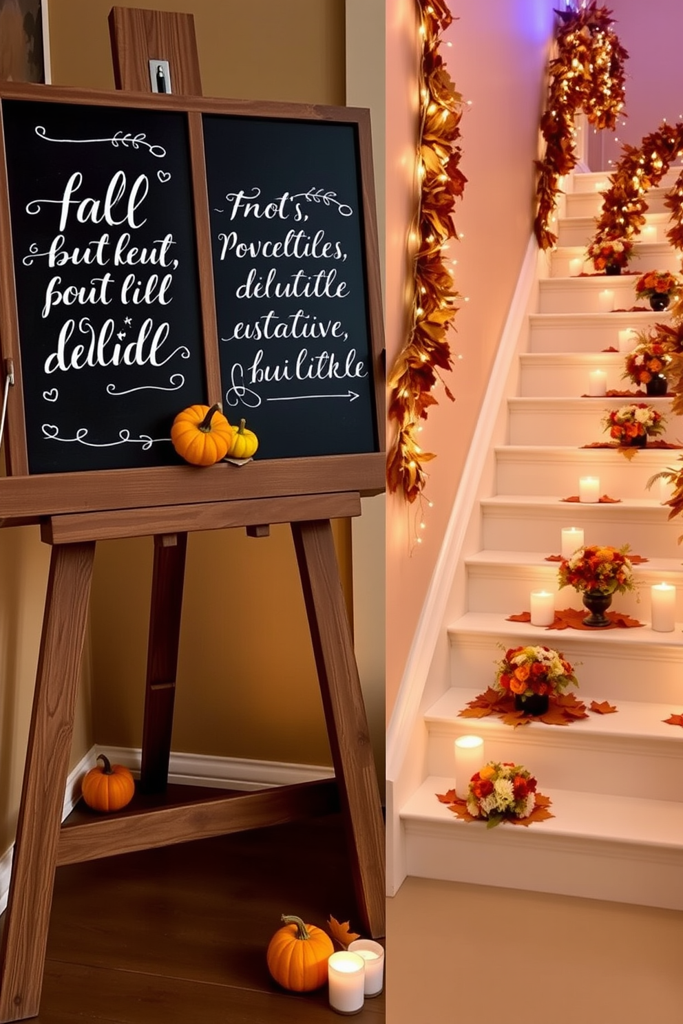 Chalkboard signs with fall quotes elegantly displayed on a rustic wooden stand. The signs feature handwritten quotes in white chalk against a dark background, surrounded by autumn leaves and small pumpkins. A beautifully decorated staircase adorned with garlands of dried leaves and twinkling fairy lights. Each step is accentuated with small arrangements of seasonal flowers and candles, creating a warm and inviting atmosphere.