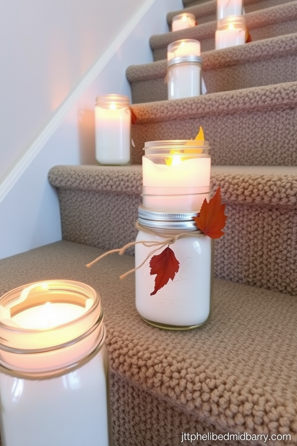 Mason jars filled with flickering candles are carefully arranged along the staircase steps, creating a warm and inviting ambiance. The jars are adorned with twine and autumn leaves, enhancing the seasonal charm of the fall decor.