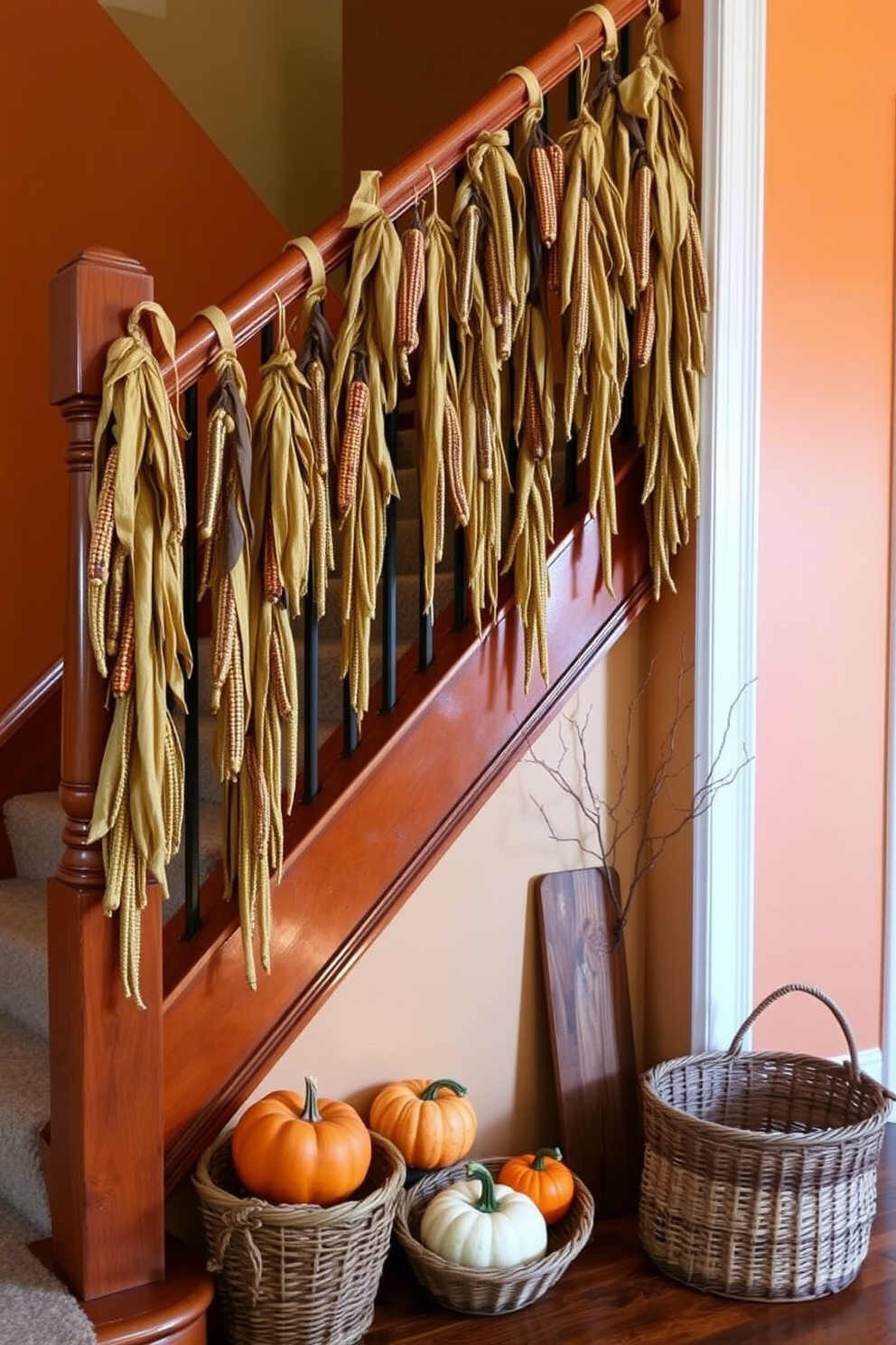 A warm and inviting staircase adorned with hanging dried corn stalks creates a rustic autumn ambiance. The natural texture of the corn adds depth and charm, complementing the wooden banister and warm-toned wall paint. Beneath the staircase, a cozy nook features a small pumpkin display and a woven basket filled with seasonal gourds. Soft, ambient lighting highlights the decor, enhancing the overall fall-inspired aesthetic.