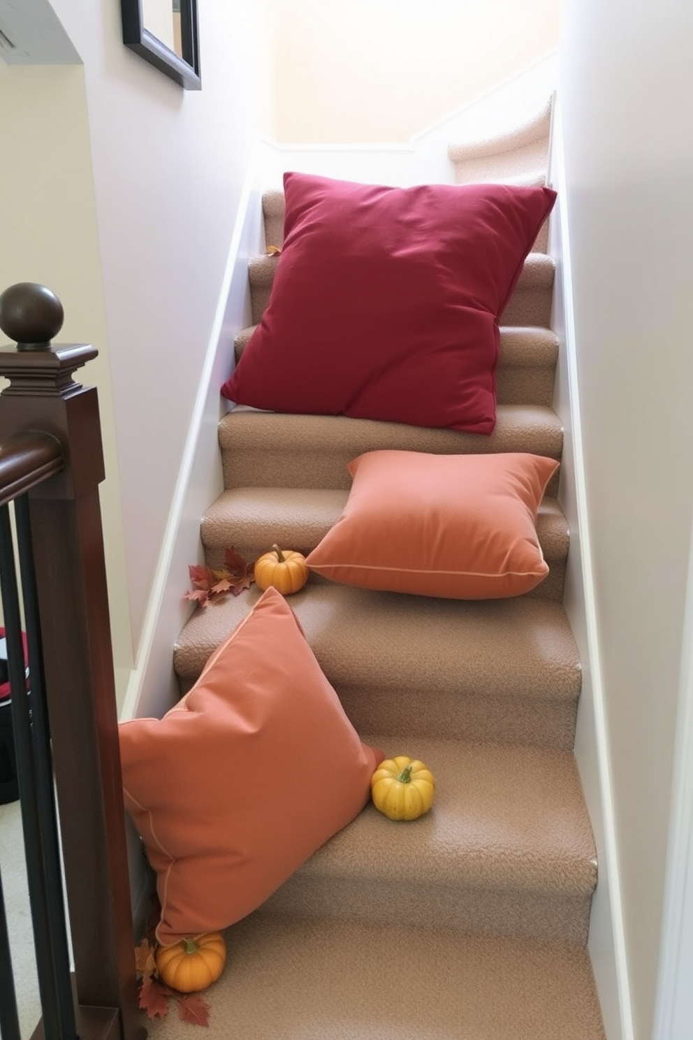 Soft cushions on stair steps for comfort. The staircase is adorned with plush, oversized cushions in warm autumn colors, inviting a cozy atmosphere. Decorative elements like small pumpkins and fall leaves are scattered among the cushions. The walls are painted in a soft beige, complementing the rich hues of the cushions and seasonal decor.