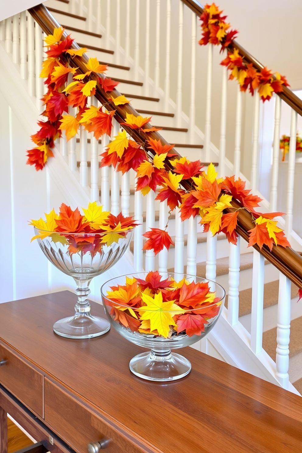 Brightly colored leaves are artfully arranged in clear glass bowls of varying sizes, showcasing the vibrant hues of autumn. These bowls are strategically placed on a wooden console table, enhancing the seasonal decor with a touch of nature. The staircase is adorned with a garland of faux leaves that drapes elegantly along the banister, creating a warm and inviting atmosphere. Soft, warm lighting illuminates the staircase, highlighting the rich colors and textures of the fall-themed decorations.