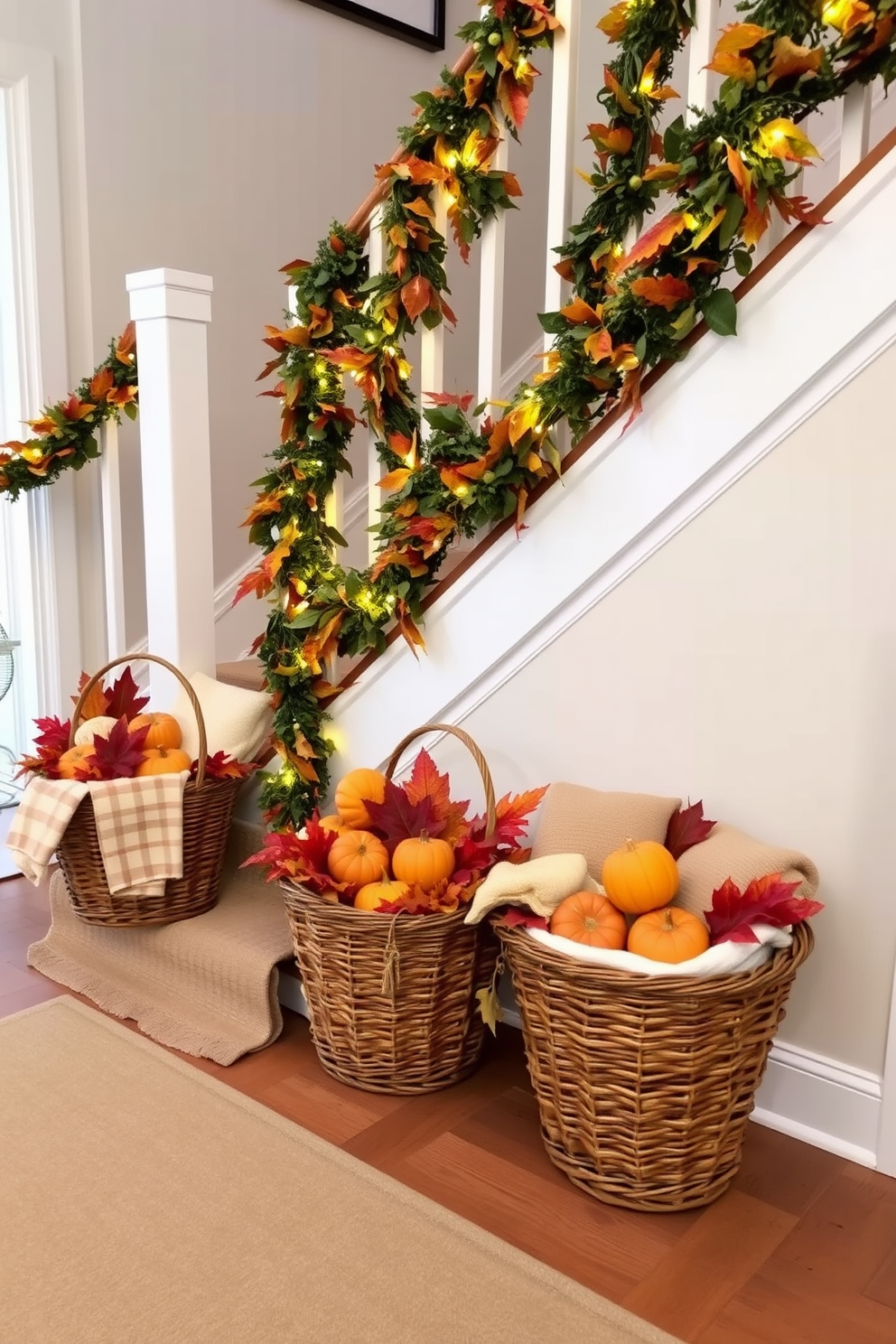 Decorative baskets filled with seasonal items are placed strategically along the staircase. Each basket showcases a mix of colorful leaves, small pumpkins, and cozy blankets, creating a warm and inviting atmosphere. The staircase itself is adorned with garlands of autumn foliage intertwined with fairy lights. Soft, neutral-toned runners line the steps, adding texture and comfort to the fall-inspired decor.