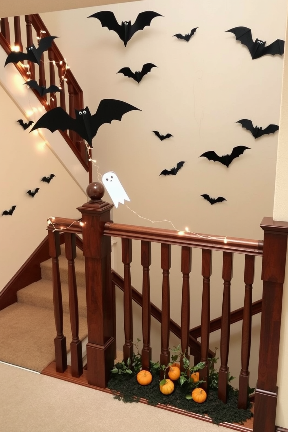 A whimsical staircase adorned with playful decorations including paper bats and ghosts creates a festive atmosphere. The staircase features a rich wooden banister, and the walls are painted in a soft cream color to enhance the spooky decor. Delicate string lights are intertwined along the railing, casting a warm glow over the whimsical decorations. At the base of the staircase, a small pumpkin patch adds a charming touch to the overall Halloween theme.