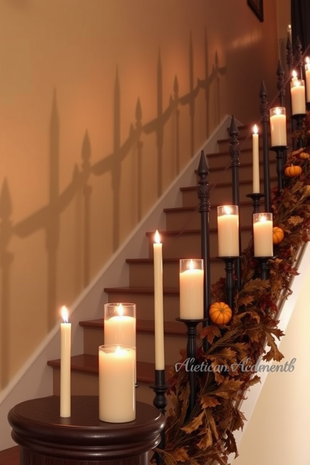 Candles of varying heights are arranged along the staircase railing to create a warm and inviting ambiance. The flickering candlelight casts soft shadows on the walls, enhancing the cozy autumn atmosphere. Decorative elements like small pumpkins and autumn leaves are interspersed among the candles to celebrate the fall season. Rich, warm colors are used for the decor, complementing the natural beauty of the staircase.