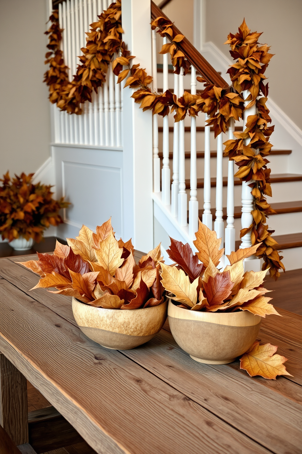 Dried leaves are elegantly arranged in decorative bowls that sit on a rustic wooden table. The bowls are crafted from natural materials, enhancing the autumnal theme with varying shades of brown and gold. The staircase is adorned with a garland of dried leaves that gracefully drapes along the banister. Soft, warm lighting highlights the textures of the leaves, creating a cozy and inviting atmosphere.