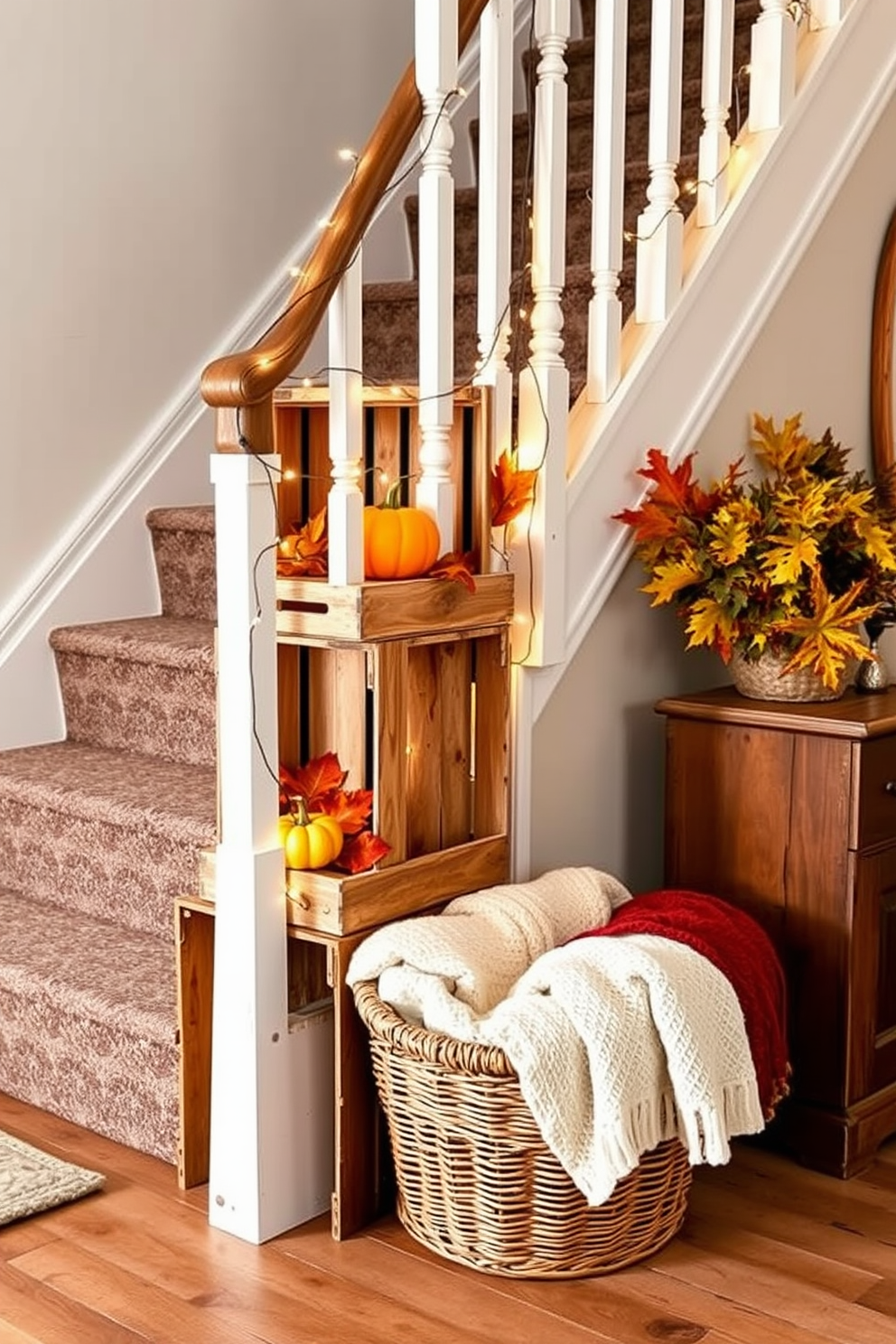 Rustic wooden crates are stacked creatively along the side of a charming fall staircase. Each crate is filled with seasonal decorations such as pumpkins, gourds, and vibrant autumn leaves, enhancing the warm ambiance of the space. Soft fairy lights are draped around the crates, casting a cozy glow down the staircase. A woven basket filled with cozy blankets rests at the bottom, inviting guests to enjoy the seasonal decor.