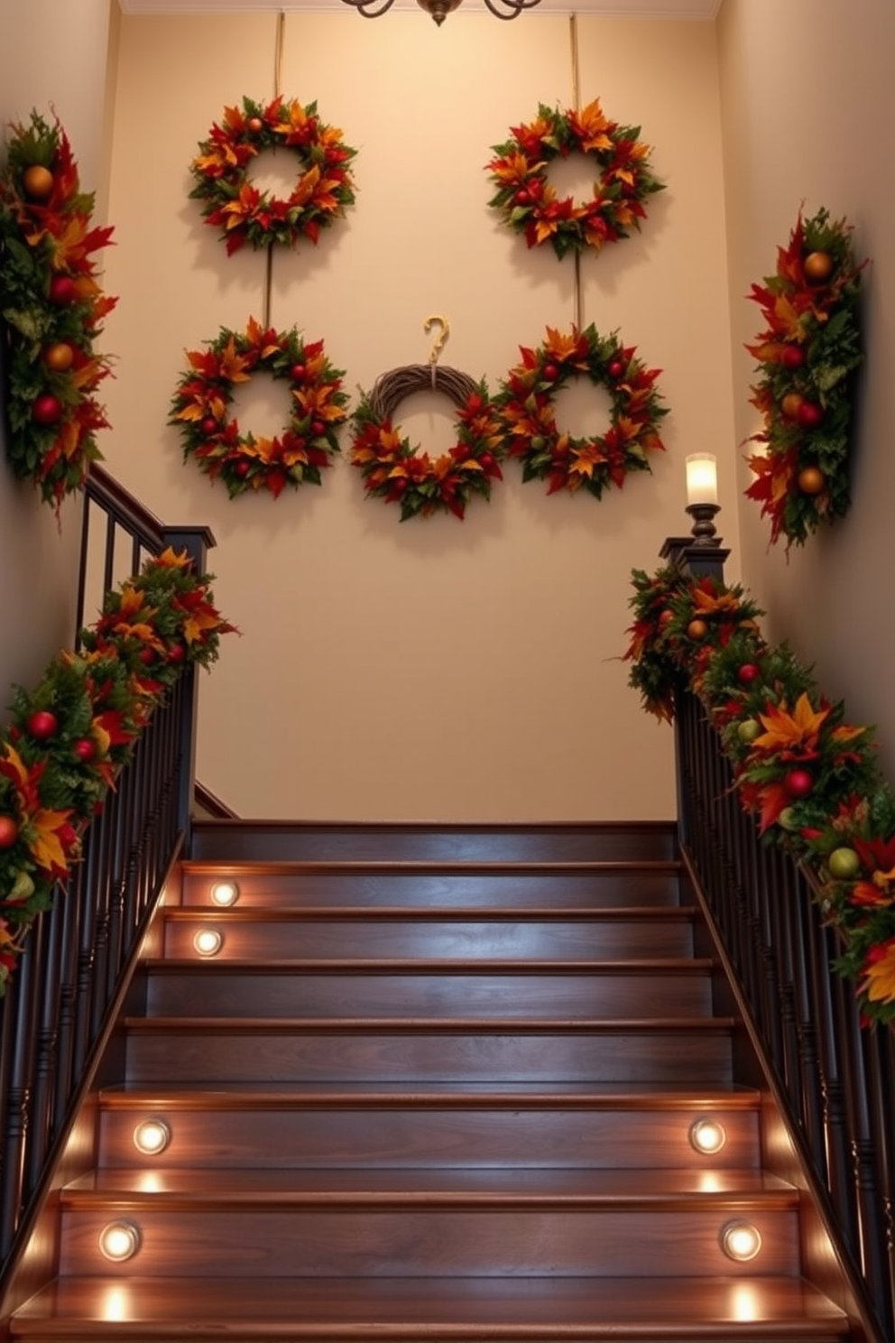 Wreaths made of vibrant fall foliage are elegantly displayed above a beautifully decorated staircase. The staircase features rich wooden steps complemented by warm, ambient lighting that enhances the seasonal decor.