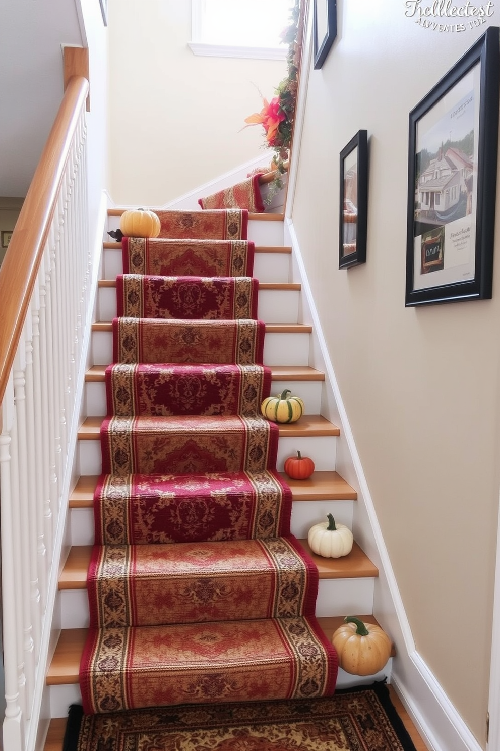 A cozy staircase adorned with layered rugs creates a warm and inviting atmosphere. The rugs feature rich autumn colors and textures that complement the natural wood of the staircase. Decorative elements such as pumpkins and fall foliage are placed strategically along the steps. Soft lighting enhances the inviting feel, making the staircase a focal point of seasonal charm.