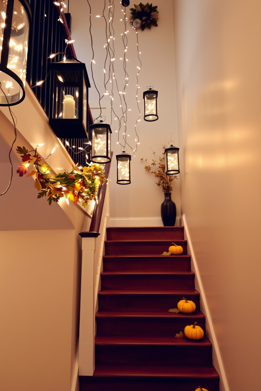 Hanging lanterns adorned with delicate fairy lights create a warm and inviting atmosphere along a beautifully decorated staircase. The staircase features rich wooden steps, complemented by seasonal decor such as autumn leaves and small pumpkins placed strategically on the steps and landing.