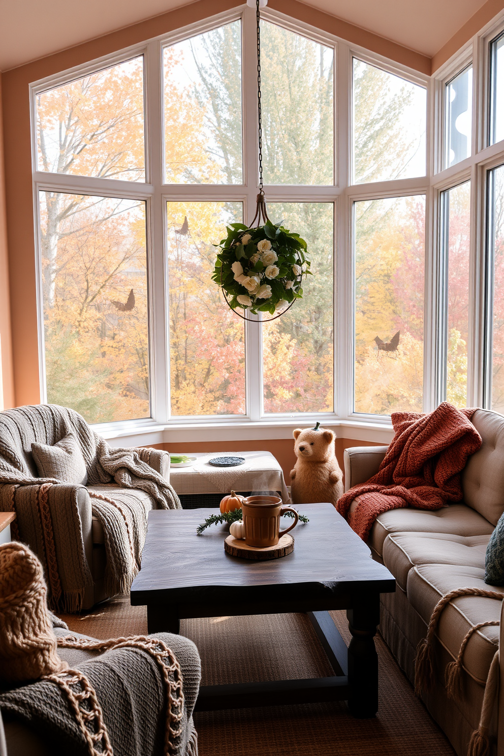 A cozy sunroom filled with natural light. Soft knit blankets are draped over plush seating, creating an inviting atmosphere. The walls are adorned with warm, earthy tones and large windows offer views of the autumn foliage outside. A rustic wooden coffee table sits in the center, topped with seasonal decorations and a steaming mug of cider.