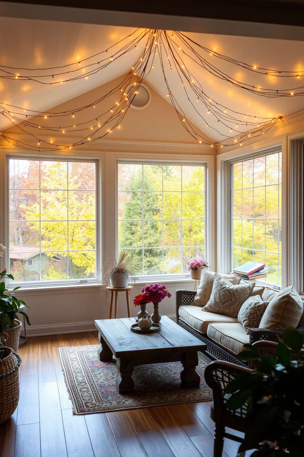 A cozy sunroom filled with natural light. Soft lighting is created by string fairy lights draped along the ceiling, enhancing the warm atmosphere. The space features a comfortable seating area with plush cushions and a rustic coffee table. Large windows showcase the vibrant fall foliage outside, bringing the beauty of the season indoors.