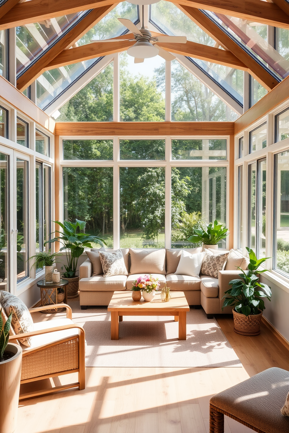 A bright and airy sunroom filled with natural light. The walls are adorned with large windows that showcase the surrounding greenery, while natural wood accents are incorporated in the furniture and decor. A cozy seating area features a plush sectional sofa in soft earth tones. A wooden coffee table sits in the center, surrounded by potted plants and decorative cushions that add warmth to the space.