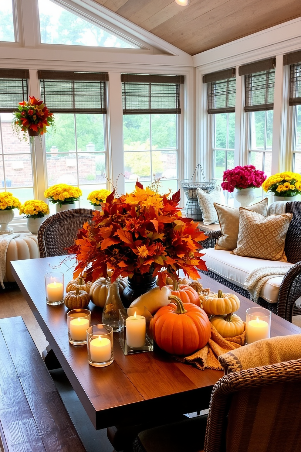 A harvest-themed table centerpiece display features a rustic wooden table adorned with a vibrant arrangement of pumpkins, gourds, and autumn leaves. Surrounding the centerpiece are flickering candles in glass holders, creating a warm and inviting atmosphere. The fall sunroom is decorated with plush, oversized cushions in warm earth tones and a cozy throw blanket draped over a wicker chair. Large windows allow natural light to flood the space, showcasing potted chrysanthemums and decorative corn placed on the windowsill.