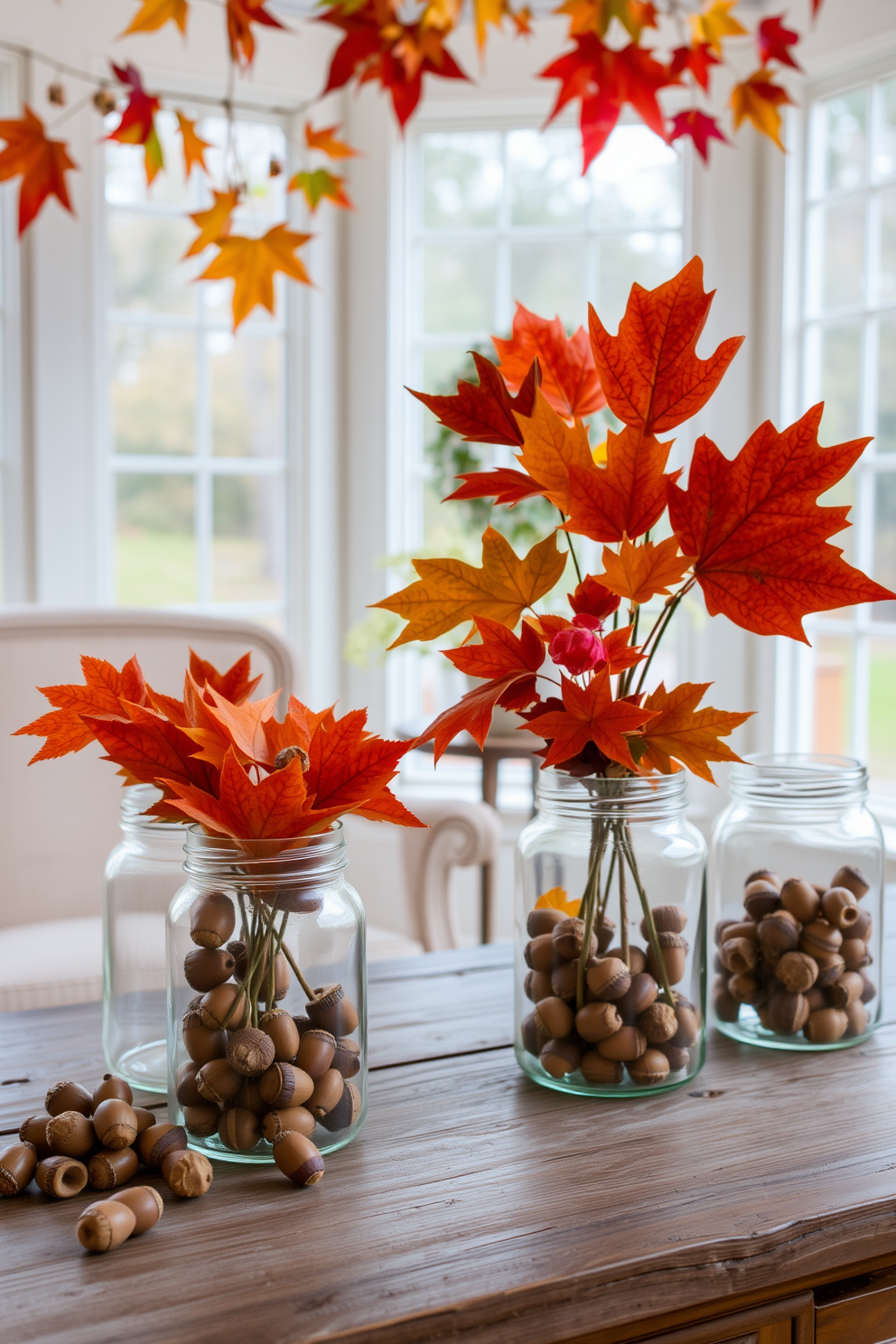 A cozy sunroom adorned with glass jars filled with acorns and colorful leaves. The jars are arranged on a rustic wooden table, creating an inviting autumn atmosphere.