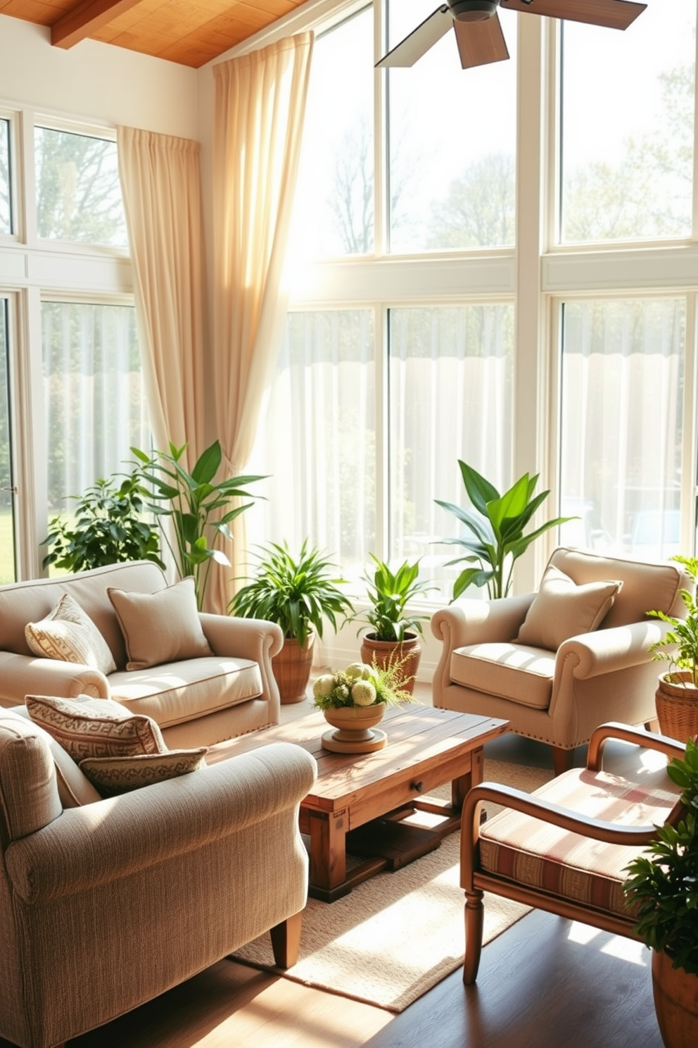 Comfortable oversized chairs for lounging are arranged in a cozy sunroom filled with natural light. The chairs are upholstered in soft, warm fabrics and positioned around a rustic wooden coffee table adorned with seasonal decor. Large windows draped with sheer curtains allow sunlight to filter in, creating a serene atmosphere. Potted plants are placed strategically around the room, adding a touch of greenery and enhancing the inviting ambiance.