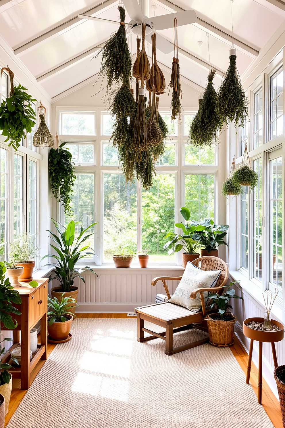 A cozy sunroom filled with natural light. The walls are adorned with large windows, and hanging from the ceiling are bundles of dried herbs, releasing a soothing fragrance throughout the space. The floor is covered with a soft, textured rug that complements the warm wooden furniture. Potted plants are placed in the corners, adding a touch of greenery and enhancing the inviting atmosphere.