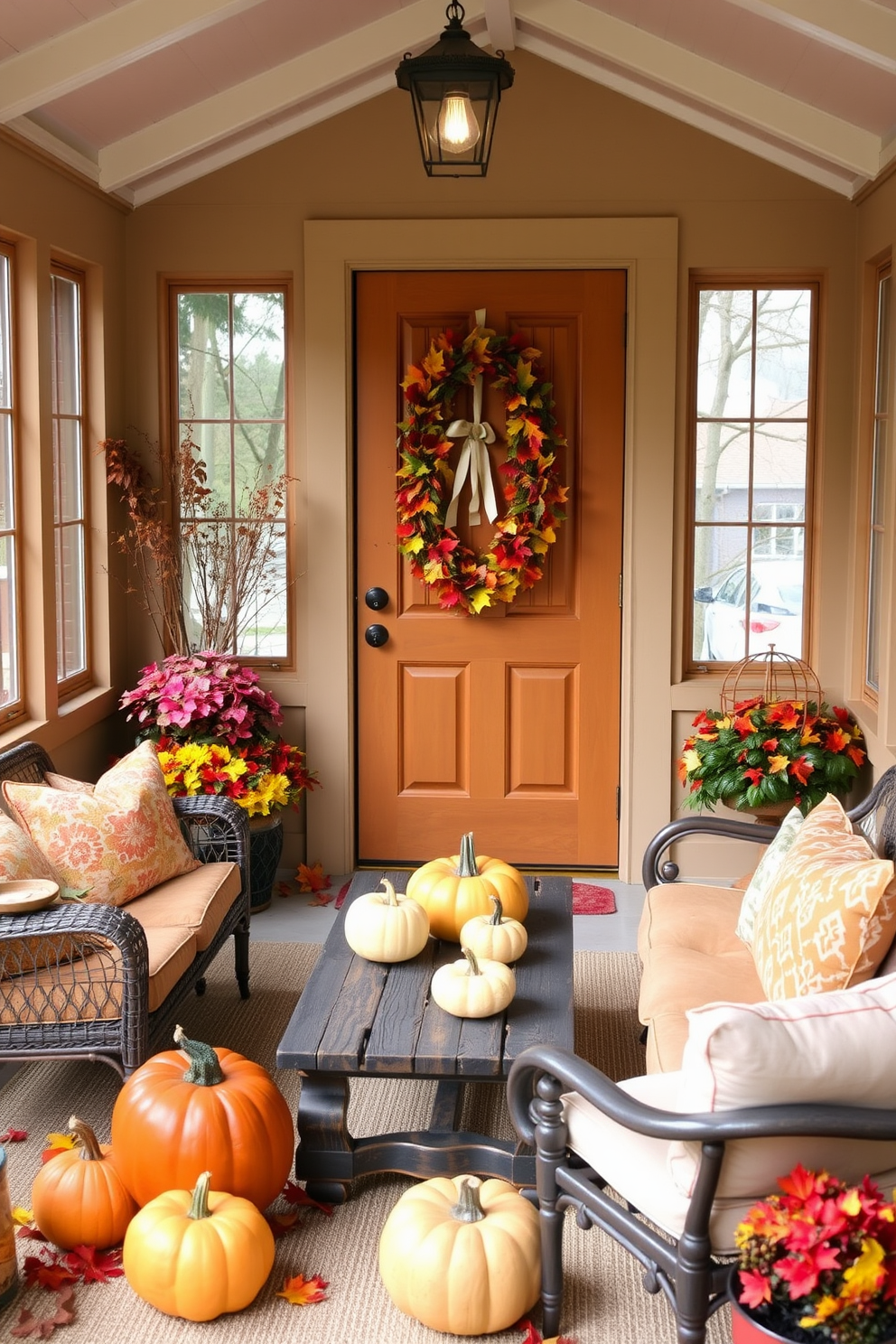 A charming sunroom adorned with a seasonal wreath on the door welcomes guests with autumn vibes. Inside, cozy seating is arranged around a rustic wooden coffee table, surrounded by vibrant fall decorations like pumpkins and colorful leaves.