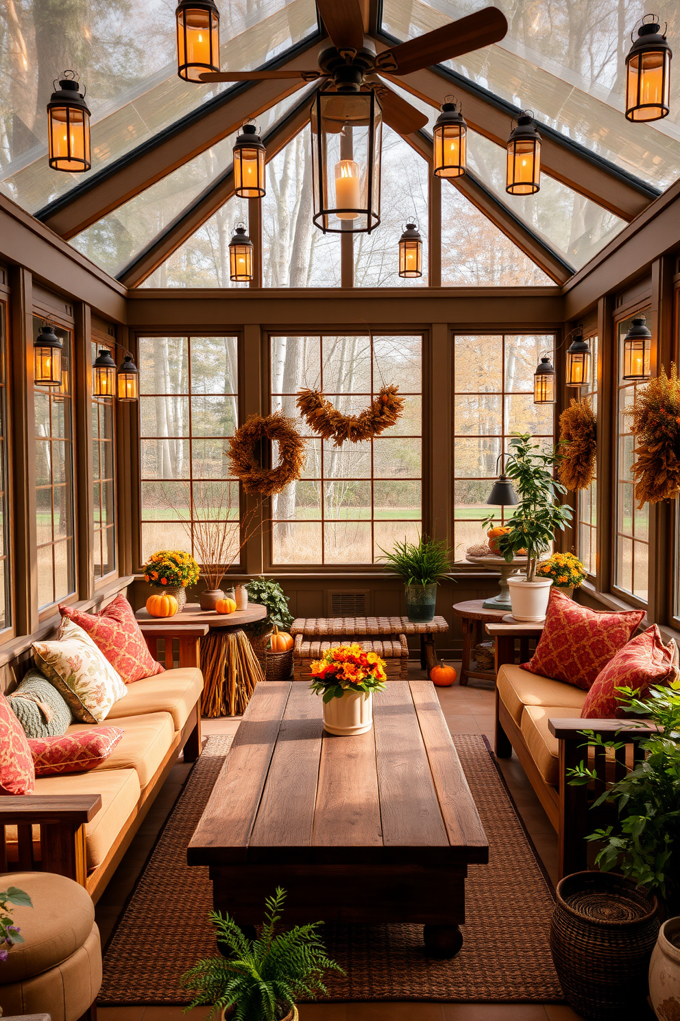 A cozy sunroom adorned with rustic lanterns casting a warm glow throughout the space. The walls are lined with large windows, allowing natural light to flood in and highlighting the earthy tones of the wooden furniture. Plush seating is arranged around a reclaimed wood coffee table, creating an inviting area for relaxation. Potted plants and seasonal decor enhance the autumn theme, bringing a touch of nature indoors.