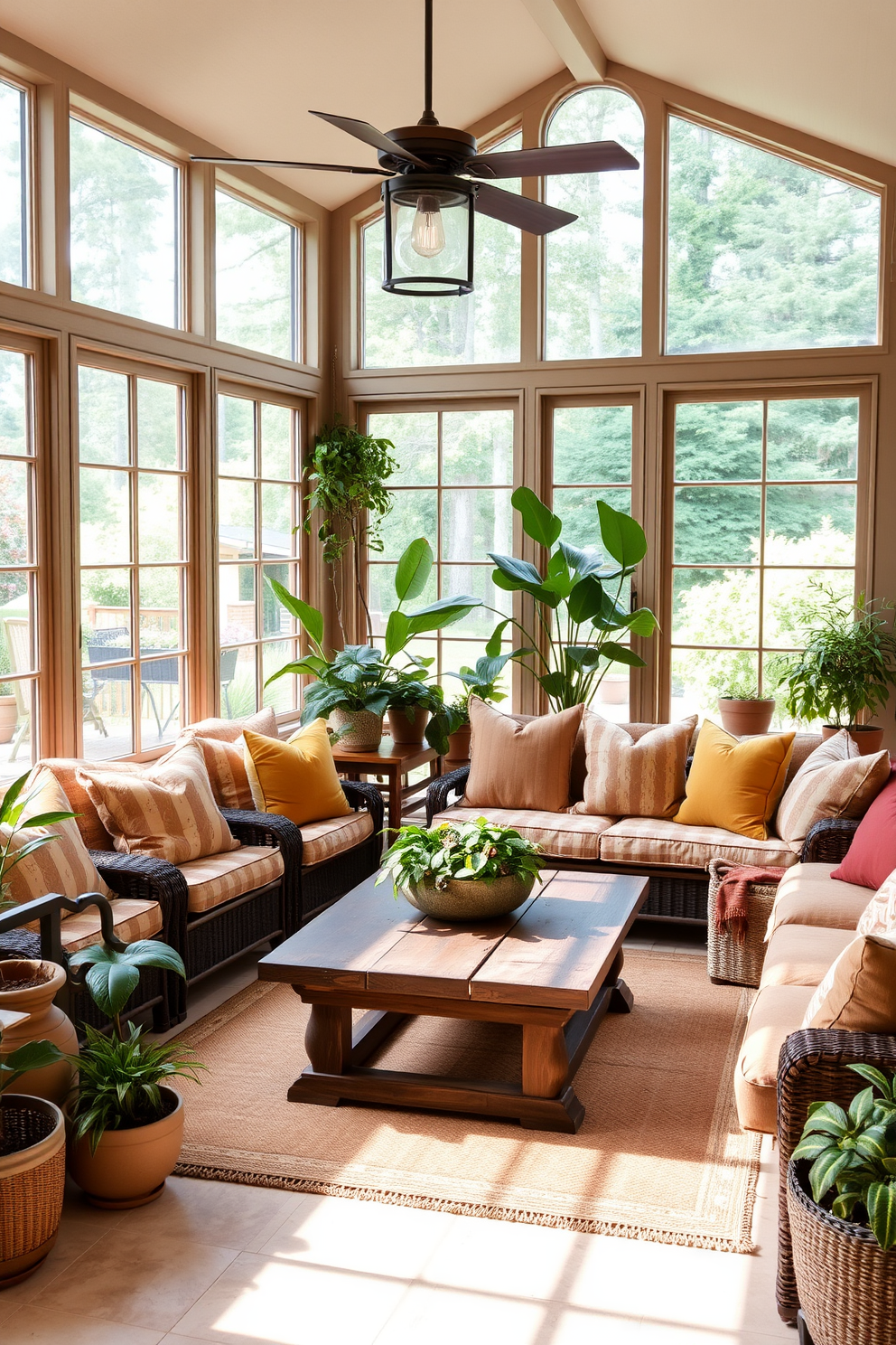 A cozy sunroom filled with warm earth tone cushions and pillows invites relaxation. The space features large windows that allow natural light to flood in, highlighting the rich textures and colors of the decor. A rustic wooden coffee table sits at the center, surrounded by comfortable seating adorned with plush throw pillows. Potted plants in various sizes add a touch of greenery, enhancing the inviting atmosphere of the sunroom.