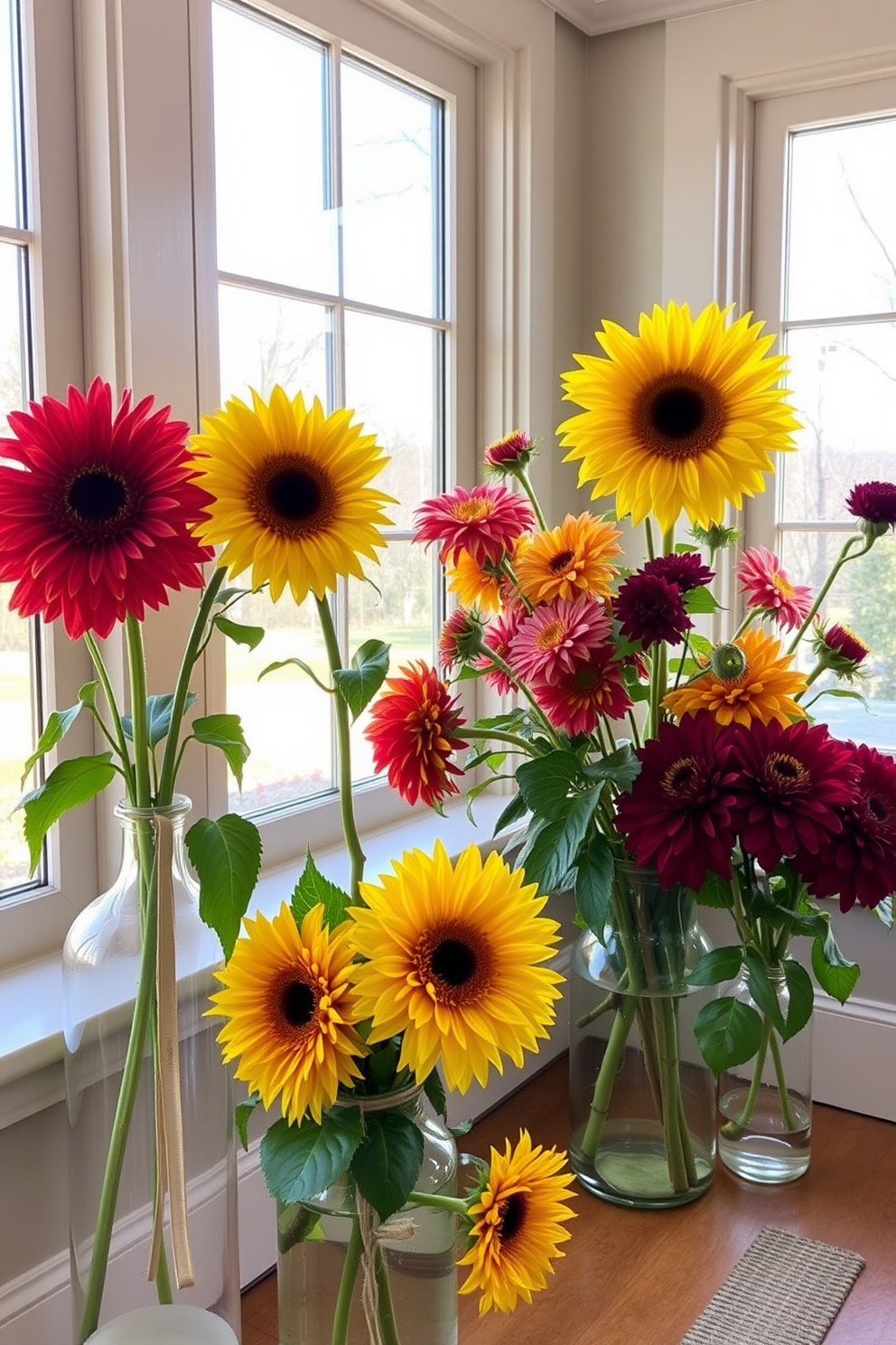 Floral arrangements featuring vibrant sunflowers and rich dahlias create a warm and inviting atmosphere in the sunroom. The bright colors of the flowers contrast beautifully with the soft, natural light streaming through the large windows.