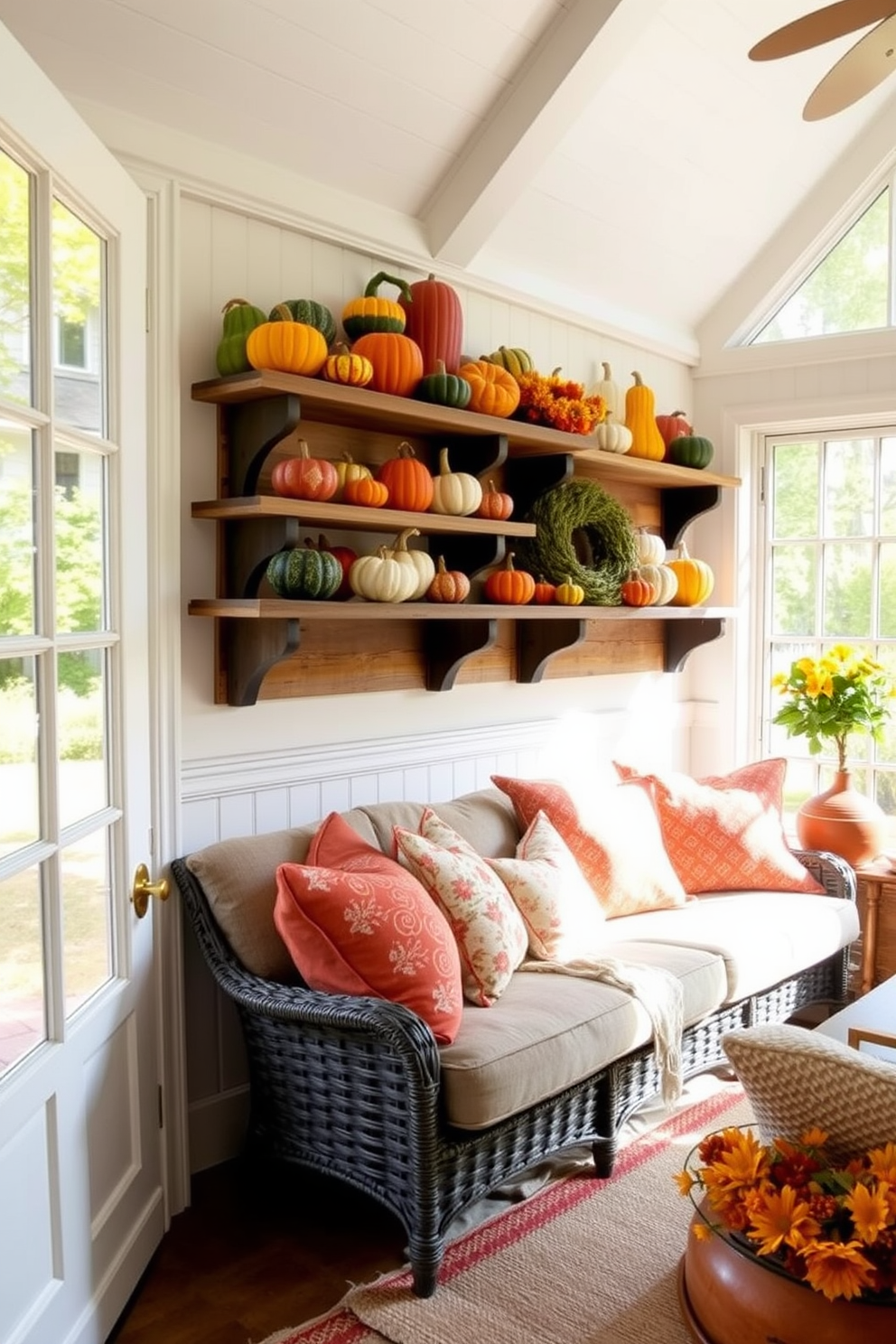 A cozy sunroom filled with natural light. Colorful gourds in various shapes and sizes are scattered across rustic wooden shelves. Plush seating arrangements adorned with soft throw pillows invite relaxation. The warm hues of autumn are reflected in decorative accents throughout the space.