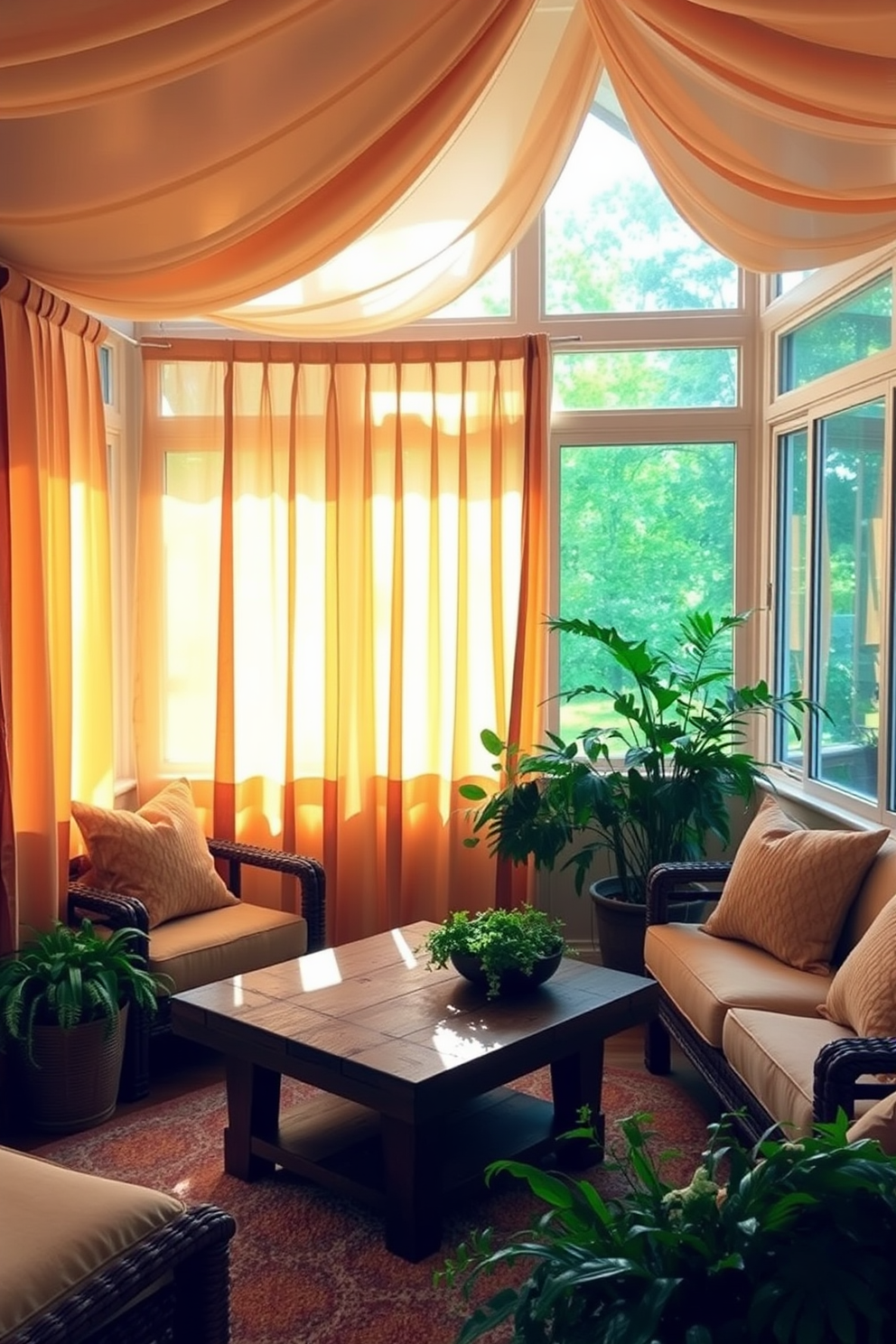 Warm-toned curtains gently drape from the ceiling to the floor, filtering the soft sunlight that streams into the space. The sunroom features a cozy seating area with plush cushions and a rustic wooden coffee table surrounded by lush greenery.