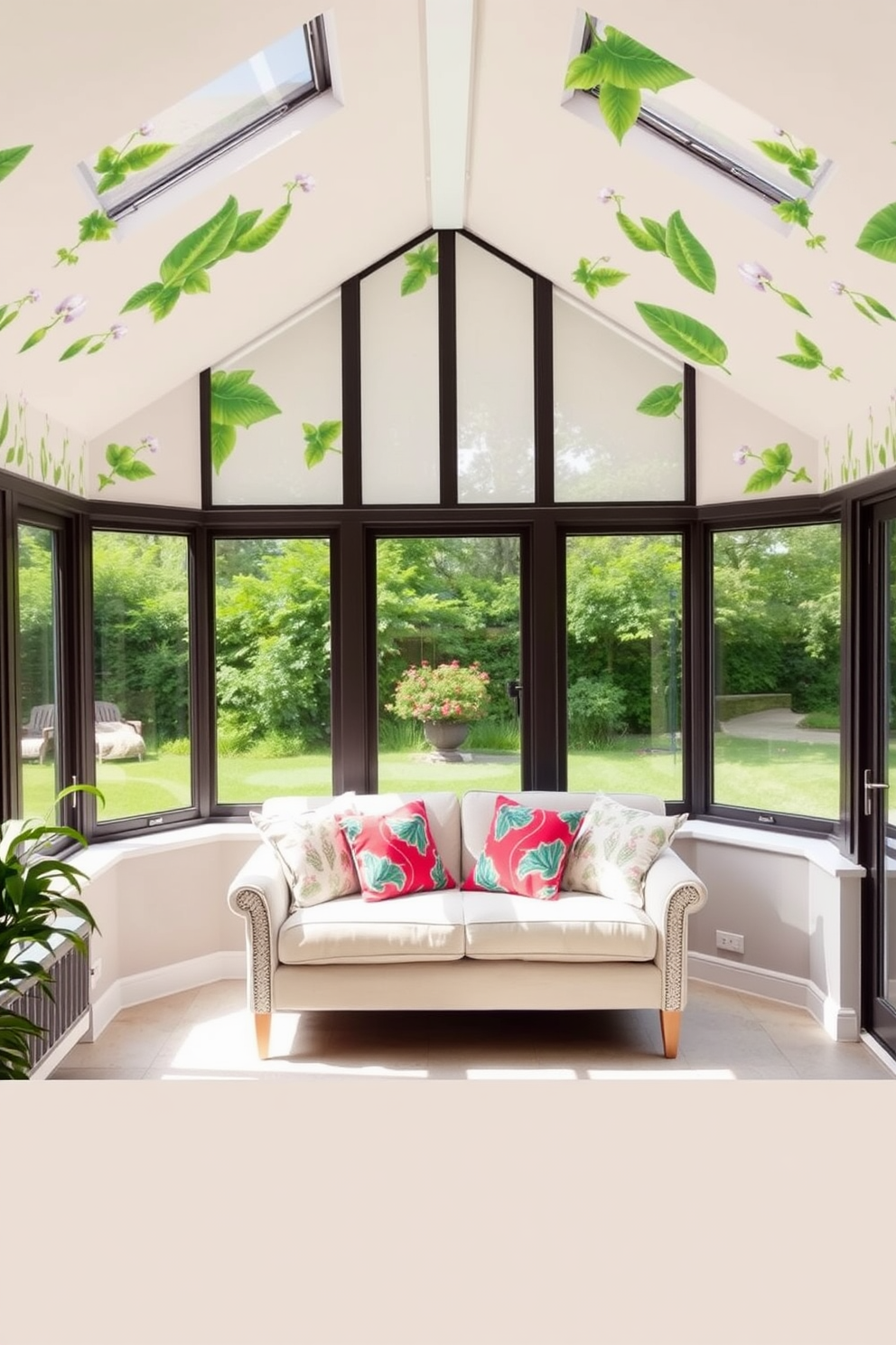 A serene sunroom filled with natural light. The walls are adorned with nature-inspired wall decals featuring lush green leaves and delicate flowers. In the center, a comfortable seating area with a light-colored sofa and vibrant throw pillows invites relaxation. Large windows allow for an unobstructed view of the garden outside, enhancing the connection with nature.