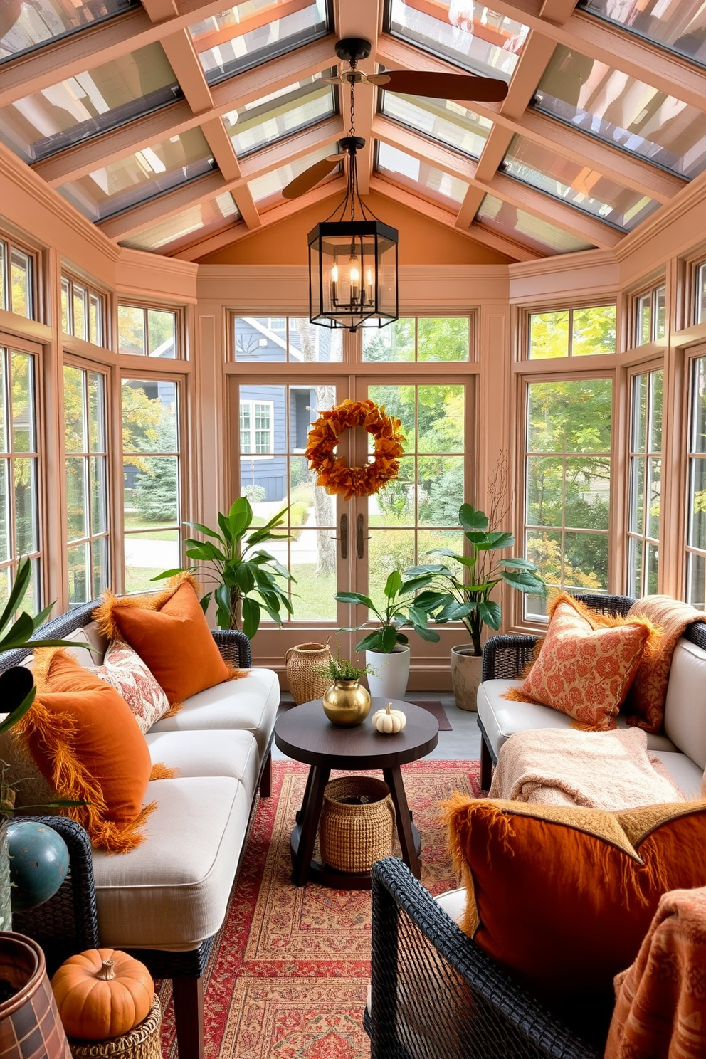 A cozy sunroom filled with natural light and adorned with plush seating. Essential oil diffusers emit warm seasonal scents, creating an inviting atmosphere perfect for relaxation. Rich autumn colors dominate the decor, featuring deep oranges, warm browns, and golden yellows. Decorative pillows and throws add texture, while potted plants bring a touch of nature indoors.