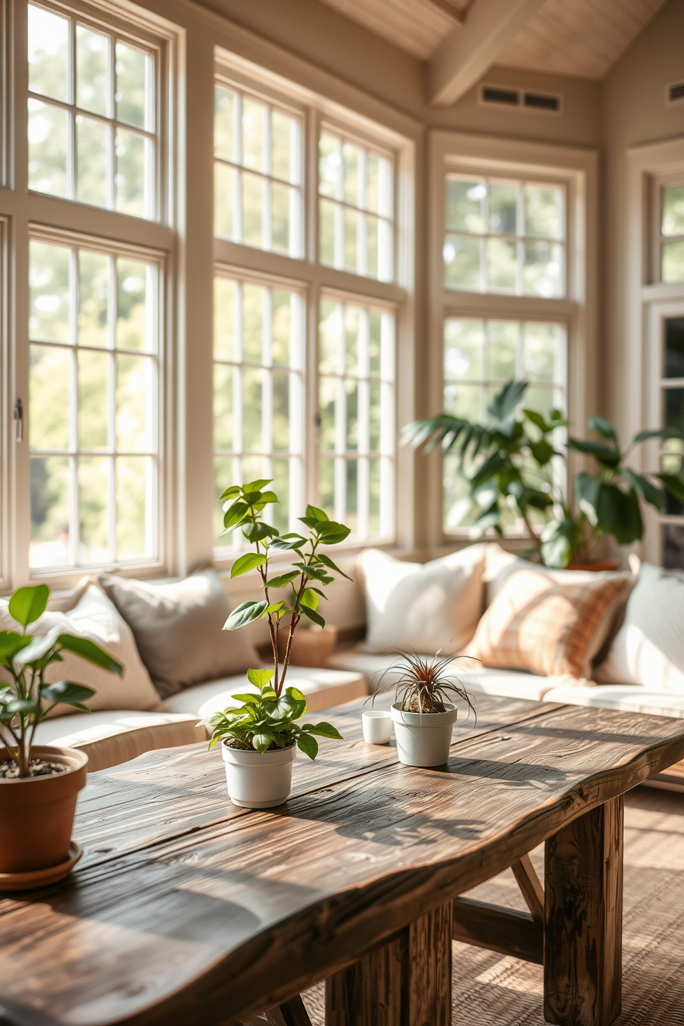 Small potted plants are arranged on a rustic wooden table, adding a fresh and vibrant touch to the sunroom. The warm sunlight filters through large windows, illuminating cozy seating areas adorned with soft cushions and natural textures.