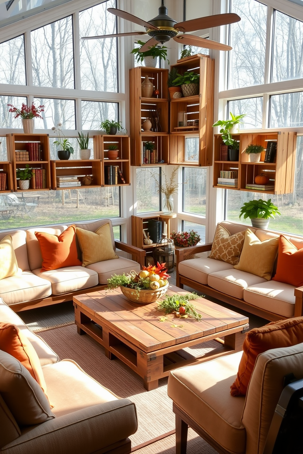 Wooden crates stacked creatively to form unique shelving units, showcasing potted plants and decorative books. Natural light floods the space through large windows, enhancing the warm tones of the wood and inviting a cozy atmosphere. The sunroom is adorned with soft, plush seating in earthy colors, complemented by vibrant throw pillows. A rustic coffee table made from reclaimed wood sits in the center, surrounded by greenery and seasonal decor to celebrate the fall.