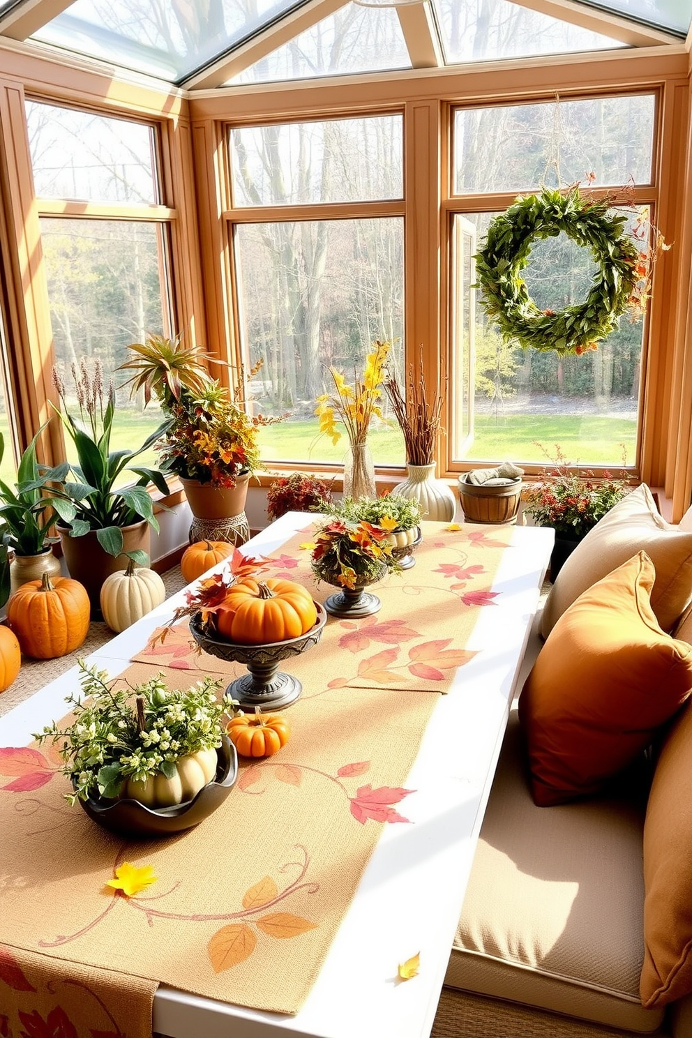 A cozy sunroom adorned with autumn-themed table runners. The table is set with rustic decorations, featuring warm hues of orange, red, and gold that reflect the beauty of fall. Natural light streams through large windows, illuminating the space filled with seasonal plants and pumpkins. Soft cushions in earthy tones invite relaxation and enjoyment of the autumn atmosphere.