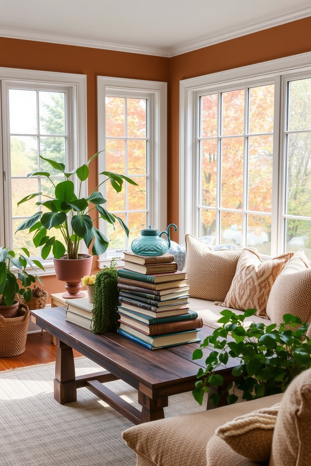 A cozy sunroom filled with natural light. Vintage books are artfully stacked on a rustic wooden table, surrounded by lush green plants and soft, textured cushions. The walls are adorned with warm, earthy tones that complement the autumnal palette. Large windows offer a view of colorful fall foliage, creating a serene and inviting atmosphere.