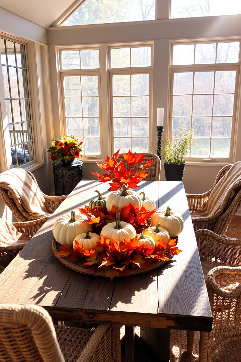 Decorative pumpkins in various sizes are arranged on a rustic wooden table in the sunroom. The warm sunlight streams through large windows, casting soft shadows and highlighting the rich autumn colors. Surrounding the pumpkins, cozy throw blankets in earthy tones are draped over wicker chairs. A centerpiece of vibrant fall leaves complements the seasonal decor, creating an inviting atmosphere.