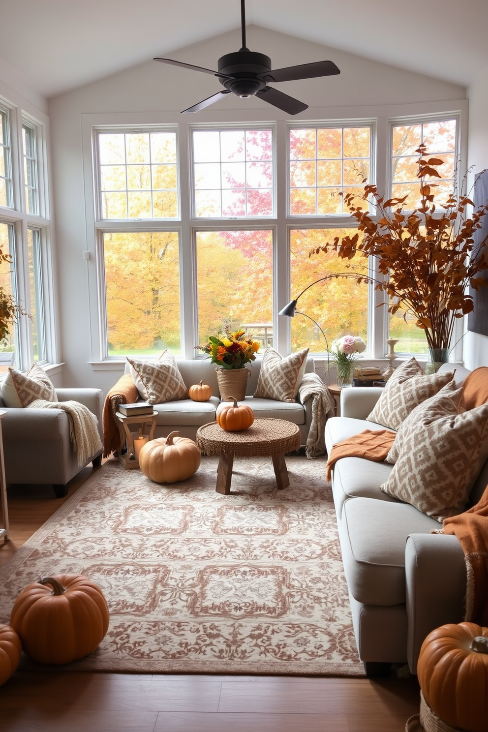 A cozy sunroom filled with natural light. There are plush sofas adorned with soft throw pillows, and a large area rug anchors the seating arrangement. Floor-to-ceiling windows showcase the vibrant fall foliage outside. Decorative pumpkins and warm-toned blankets enhance the seasonal charm of the space.