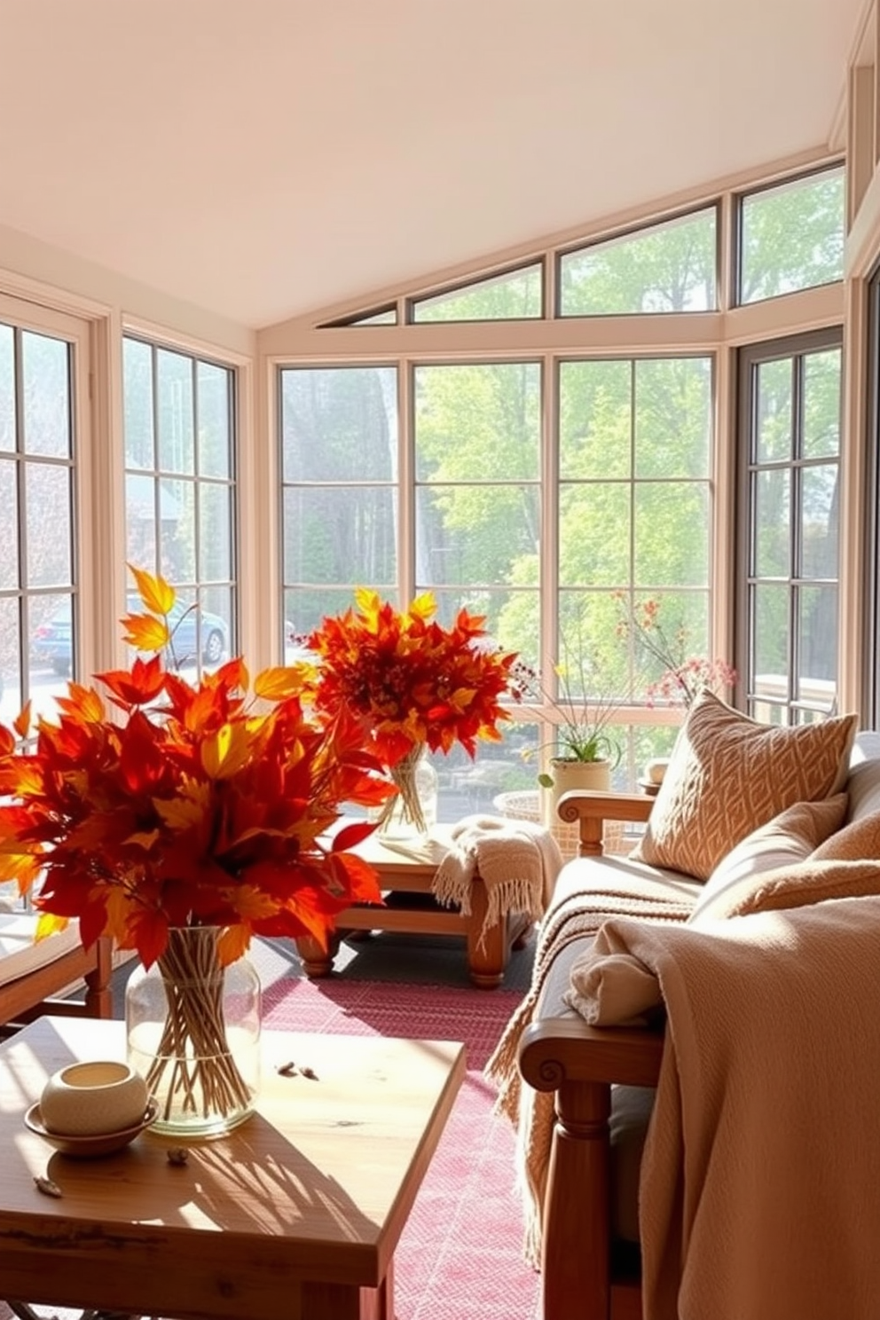 Autumn foliage arrangements in vases create a warm and inviting atmosphere in the sunroom. The vibrant reds, oranges, and yellows of the leaves contrast beautifully with the natural light streaming in through the large windows. Incorporate rustic wooden furniture and soft, cozy textiles to enhance the seasonal theme. Layering throw blankets and cushions in earth tones will add comfort and style to your fall sunroom decor.