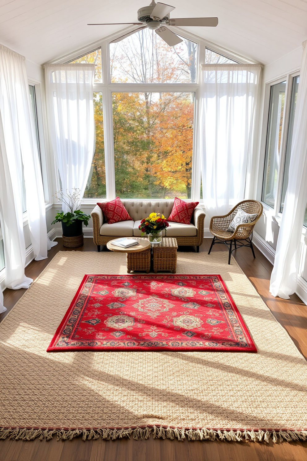 A cozy sunroom filled with natural light features layered rugs in varying textures and colors. The base rug is a soft neutral tone, while a vibrant patterned rug adds a pop of color, creating a warm and inviting atmosphere. Surrounding the rugs, large windows are adorned with sheer white curtains that flutter gently in the breeze. Comfortable seating, including a plush sofa and a couple of armchairs, invites relaxation and enjoyment of the fall scenery outside.